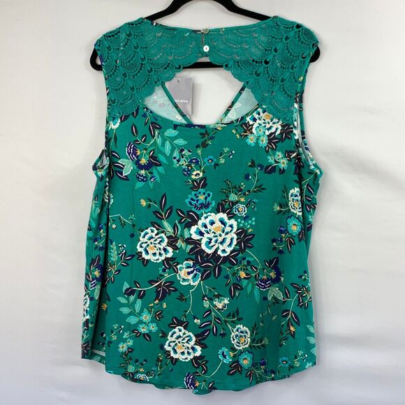 Daniel Rainn Tank Top Women 1X Green Floral Print Fantine Crochet Detail V Neck - Picture 8 of 14
